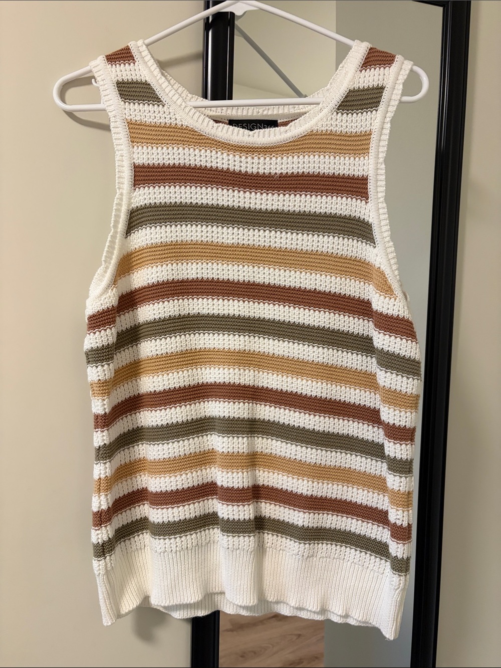 Women’s Striped Sleeveless Knit Tank Top in White and Earth Tones